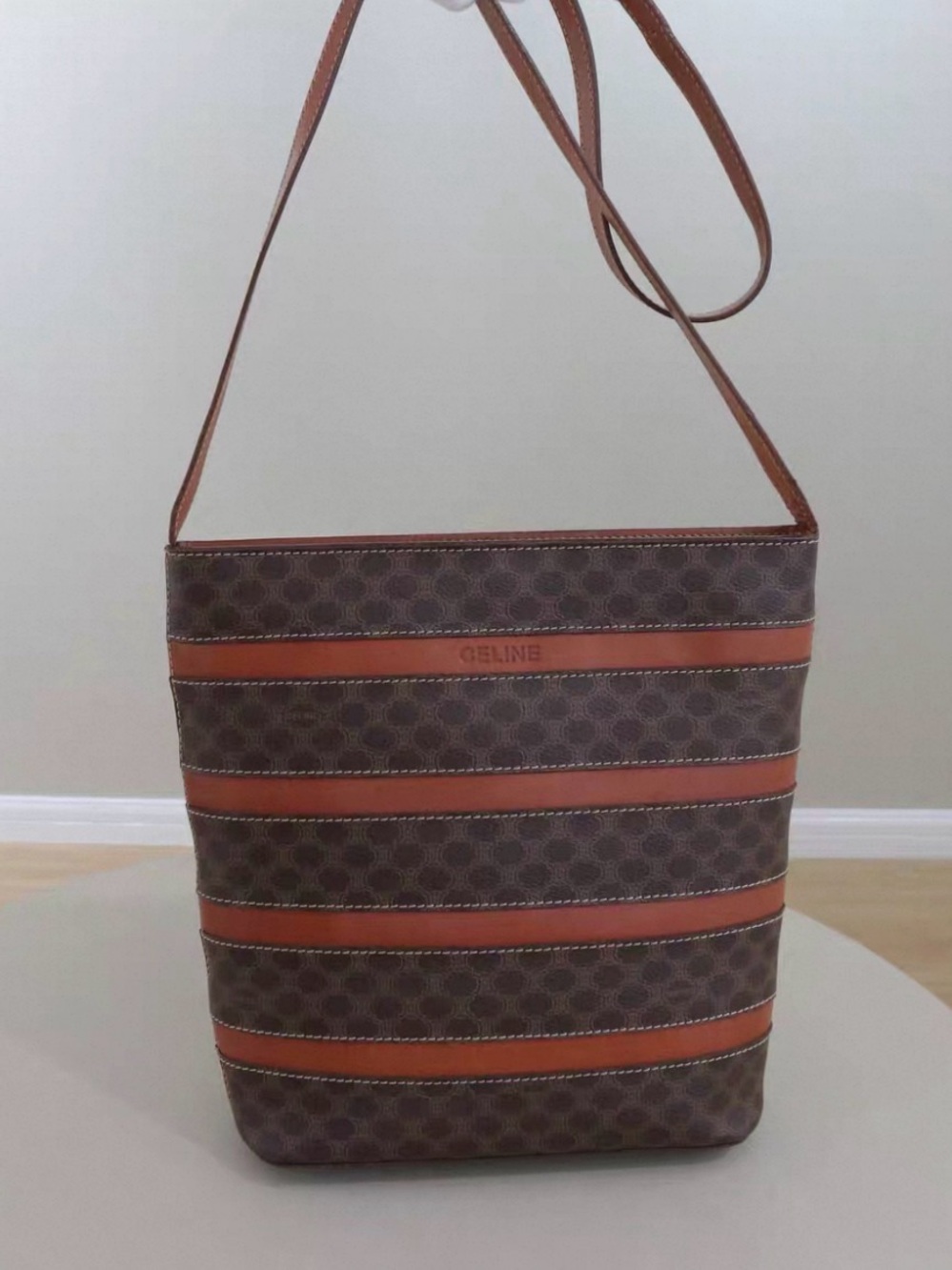🚩steal Celine Brown Monogram Stripe Shoulder Bag with Tan Accents